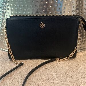 Tory Burch Black Leather Crossbody with Gold Chain